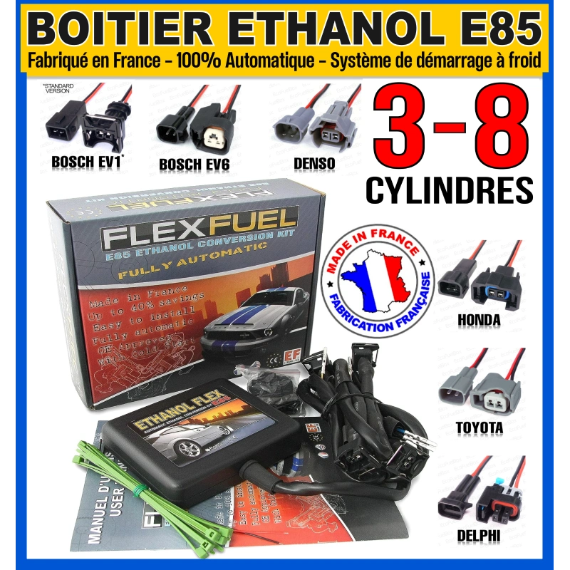 KIT ETHANOL FLEX E85 - BOITIER BIOETHANOL FLEX de 3 à 8  CYLINDRES - KIT E85